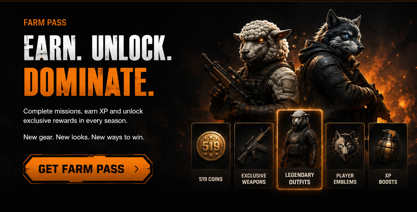 Farm Pass — earn XP and unlock rewards including 519 Coins, exclusive weapons, legendary outfits, player emblems and XP boosts