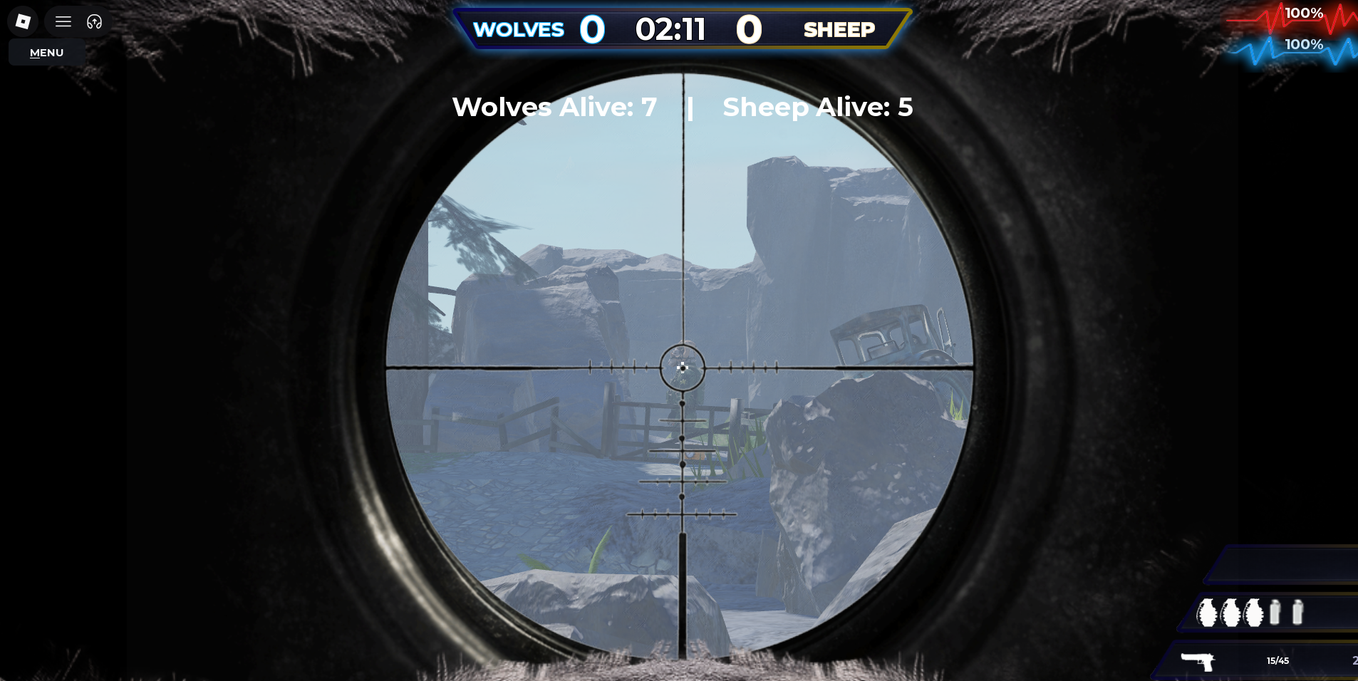 Sniper scope aimed at an enemy in Wolves vs Sheep