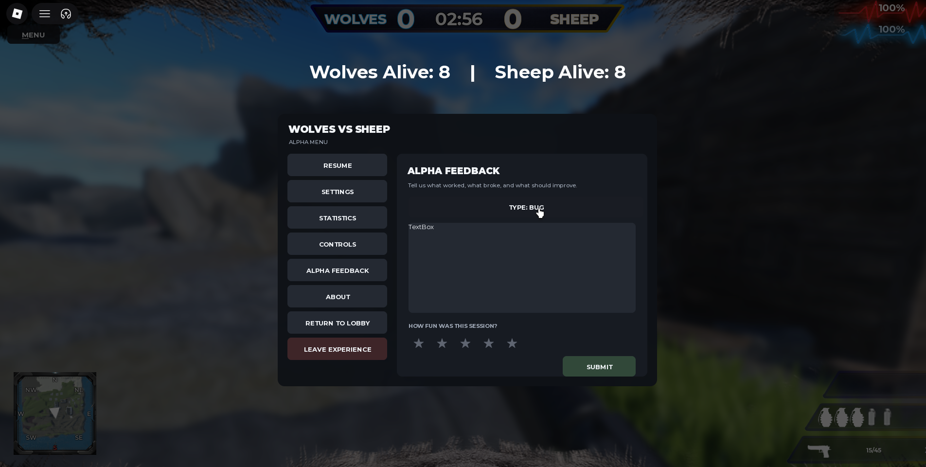 Wolves vs Sheep in-game Alpha Feedback menu